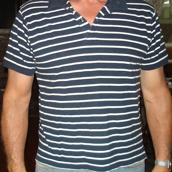 Basic Editions Classic Fit Mens White & Black Striped Short Sleeve Polo Size LG - Picture 1 of 5